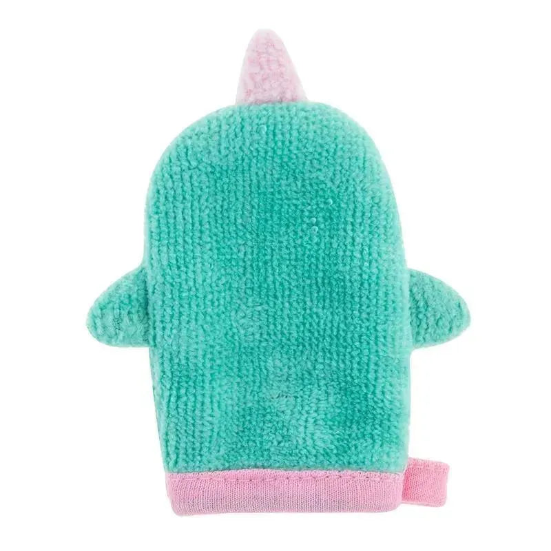Green bath mitt with pink accents, featuring a mermaid design and a finger puppet function for playful bathing.