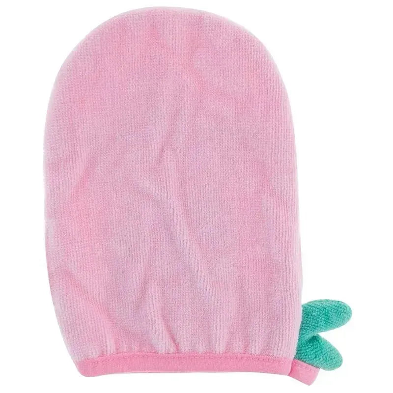 Pink bath mitt with a textured surface and a green mermaid tail puppet attachment.