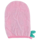 Pink bath mitt with a textured surface and a green mermaid tail puppet attachment.