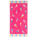 Bright pink beach towel featuring colorful mermaid illustrations and a striped border. Ideal for beach and bath use.