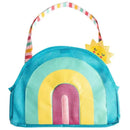 Colorful beach tote featuring a rainbow design, with a smiling sun accent and a playful striped handle.