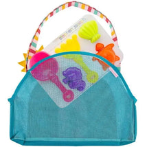 Beach tote set featuring a mesh bag filled with colorful sand toys, including shovels and molds.