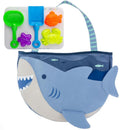 Beach tote shaped like a shark with colorful sand toys: a shovel, a sifter, and animal molds in blue, green, yellow, and purple.