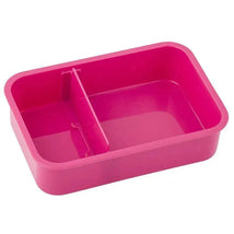 Pink bento box with a divider, ideal for packing lunch, featuring a cheerful mermaid theme.