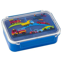 Bento box featuring transportation-themed designs, including various vehicles on a blue background.