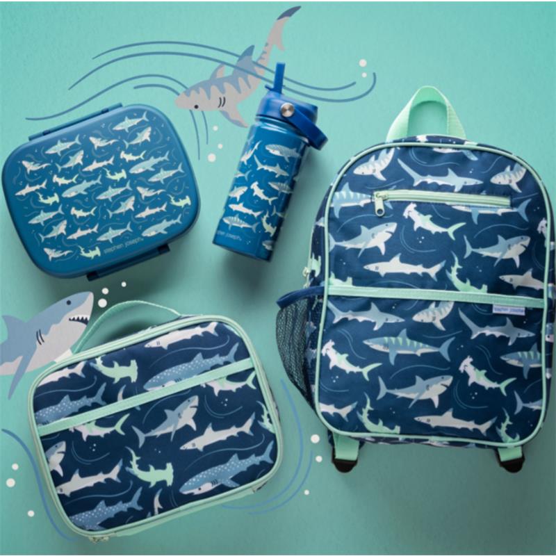 Bento box, lunch bag, water bottle, and backpack featuring shark patterns, designed for children.