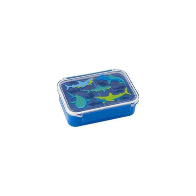 Bento box featuring a shark design with various colorful sharks on a dark blue background.