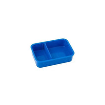 Blue bento box with a divider, designed for organizing food items, featuring a simple, rectangular shape.