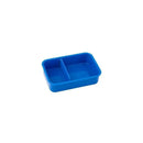 Blue bento box with a divider, designed for organizing food items, featuring a simple, rectangular shape.