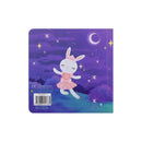 Board book featuring a rabbit in a pink dress, dancing under a starry night sky with a crescent moon.