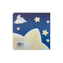 Colorful back cover of the Stephen Joseph Board Book featuring a nighttime scene with clouds, a moon, and stars.