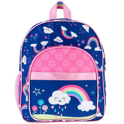 Classic backpack featuring a colorful rainbow design, clouds, and flowers, primarily in blue and pink tones.