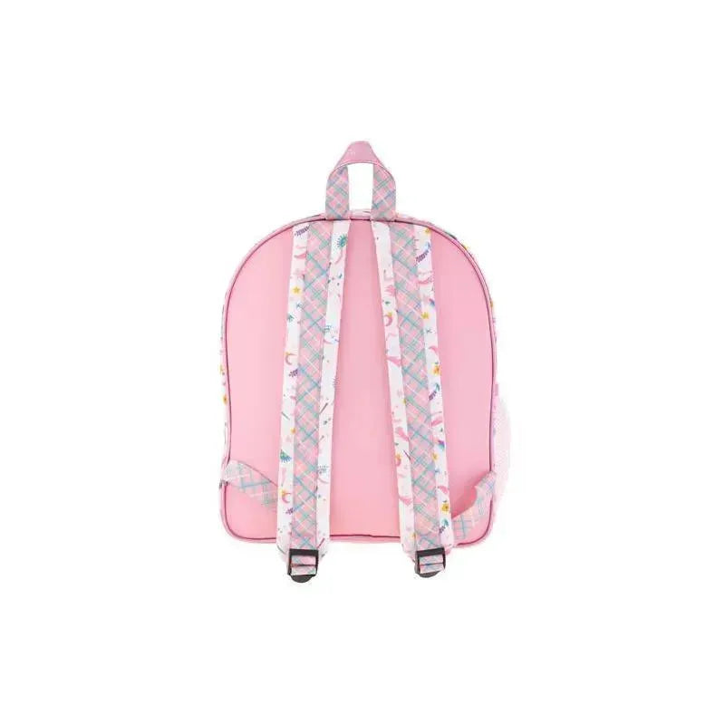Classic pink backpack featuring colorful unicorn and star patterns on the straps, designed for children.