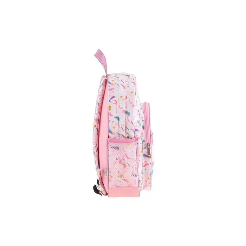 Pink unicorn-themed backpack featuring a side pocket and colorful playful patterns on the fabric.