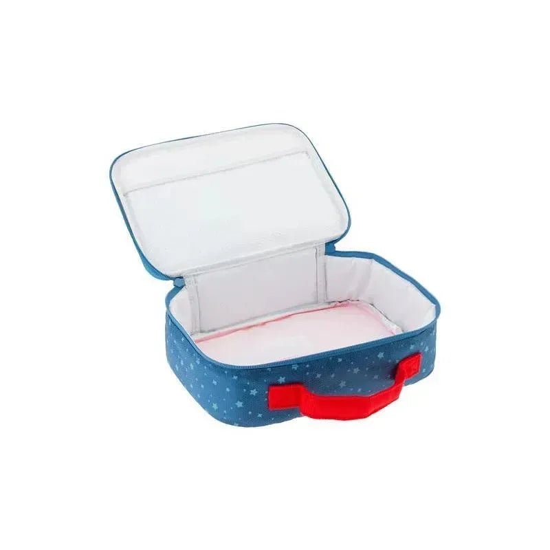 Classic blue lunch box with red handle, featuring a starry pattern and an insulated interior for food storage.