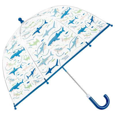 Clear bubble umbrella featuring a shark design in blue and green colors, suitable for kids and playful weather protection.