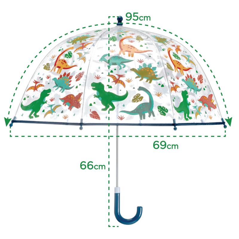 Clear umbrella featuring colorful dinosaur illustrations, measuring 95 cm across, with a blue hook handle.