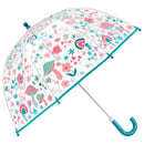 Clear umbrella with colorful mushroom and floral designs, featuring a turquoise handle and trim.