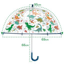 Clear, color-changing umbrella featuring colorful dinosaur prints, measuring 95cm wide and 66cm tall.