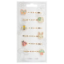 Enamel hair pins set featuring a butterfly, snail, bee, bunny, ladybug, and mushroom on a display card.