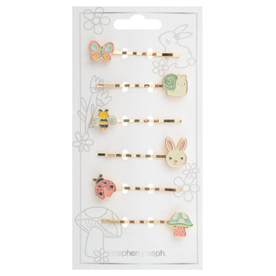 Enamel hair pins set featuring a butterfly, snail, bee, bunny, ladybug, and mushroom on a display card.
