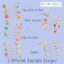 Colorful enamel hair pins featuring five different designs, including animals and flowers, highlighted with glitter accents.