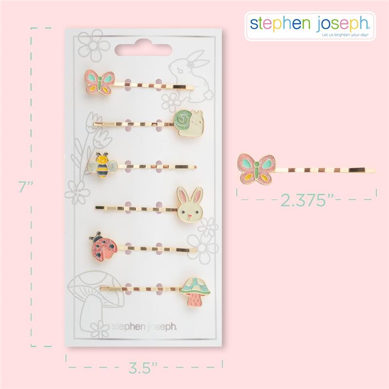 Colorful enamel hair pins by Stephen Joseph featuring designs of a butterfly, snail, bee, bunny, ladybug, and mushroom.