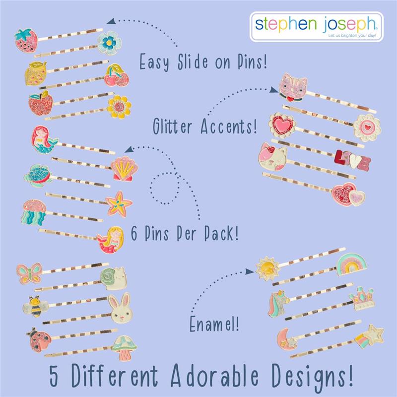 Colorful enamel hair pins by Stephen Joseph featuring five different adorable designs, easy slide on, and glitter accents.