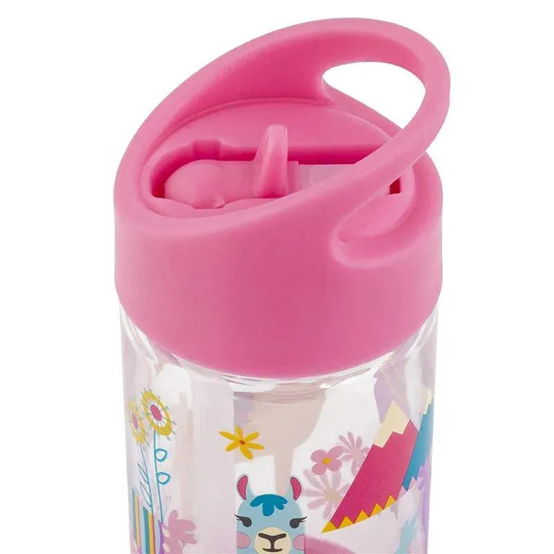 Kids flip top water bottle with a pink lid, featuring a colorful llama design and floral accents. Holds 10 oz.