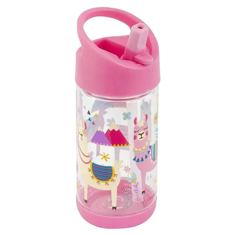 Kids flip top water bottle featuring colorful llama designs, 10 oz capacity with a pink lid and straw.