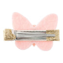 Pink butterfly hair clip with a glittery gold clasp, ideal for securing hair in a playful style.