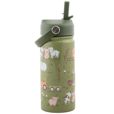 Insulated stainless steel bottle in green, featuring farm animals and a tractor design, with a sturdy handle.