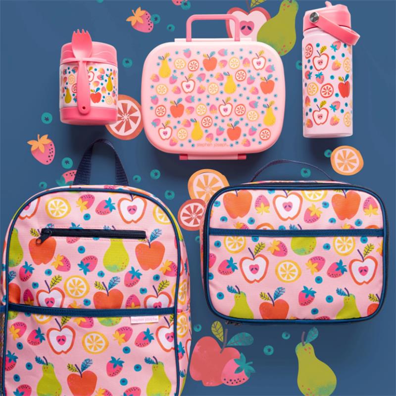 Colorful lunchbox set featuring a pink lunchbox, water bottle, and matching bags adorned with fruit patterns.