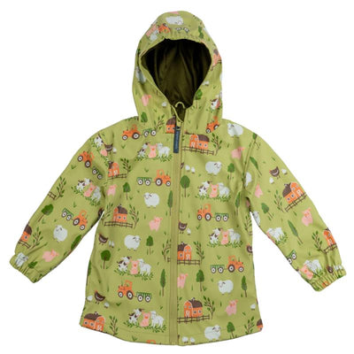 Kids raincoat featuring a farm-themed design with animals and tractors, predominantly in green and orange colors.