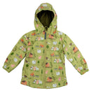 Kids raincoat featuring a farm-themed design with animals and tractors, predominantly in green and orange colors.
