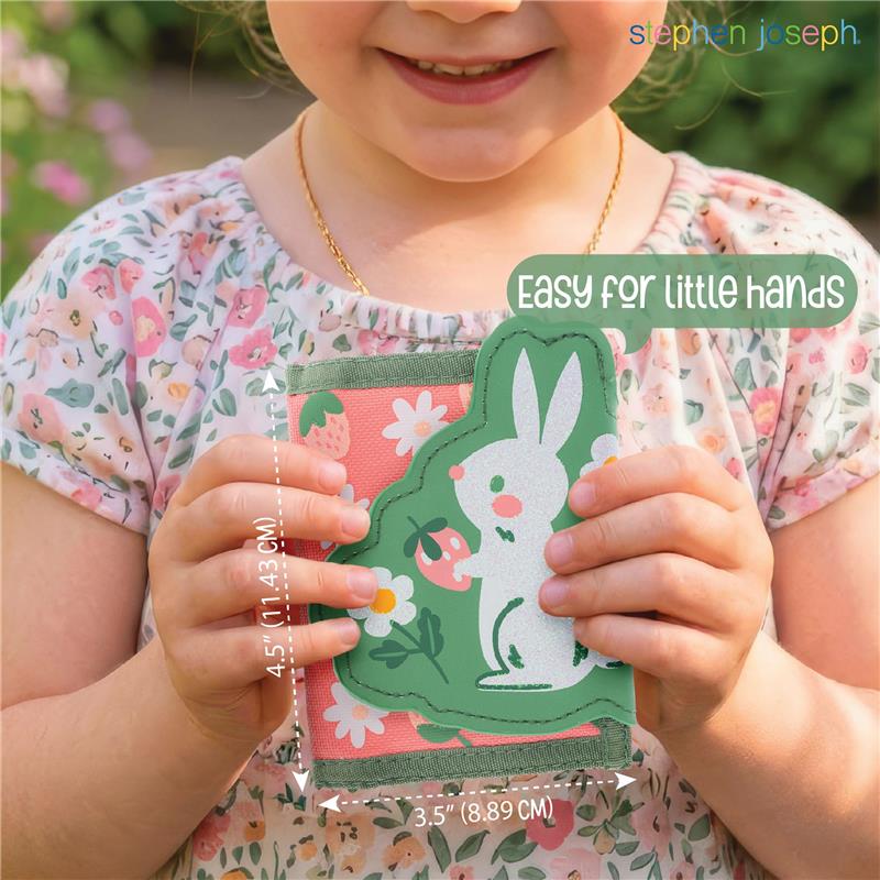 Kids wallet featuring a cute bunny design, held by a child, includes zipper coin pocket, labeled for easy handling.
