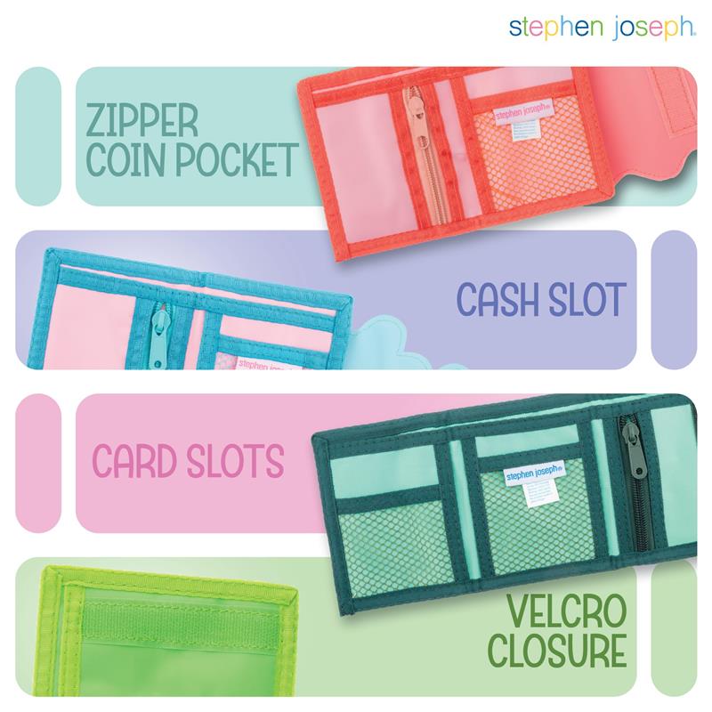 Kids wallet featuring a zipper coin pocket, cash slot, and card slots in vibrant colors. Velcro closure.