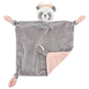 Soft gray and pink lovie blanket featuring a panda head, with tied corners for comfort and play.
