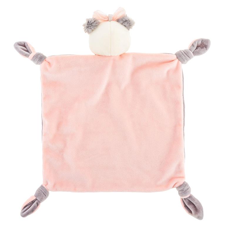 Soft pink security blanket featuring a panda design with a bow and gray accents on the corners.
