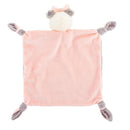 Soft pink security blanket featuring a panda design with a bow and gray accents on the corners.