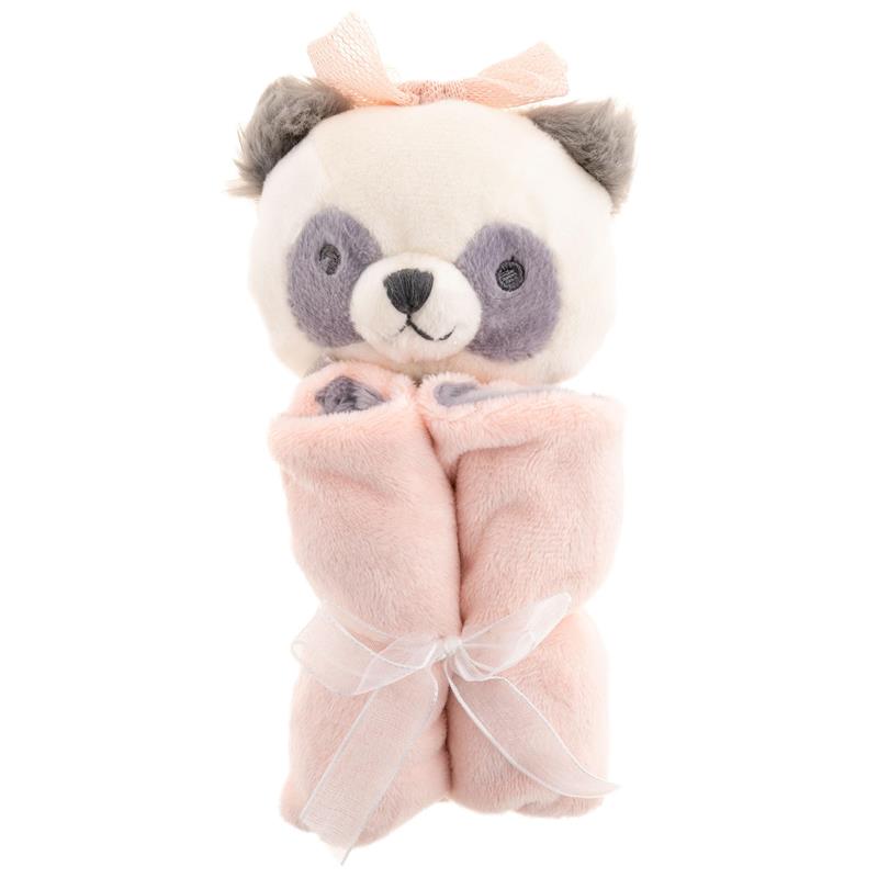 Soft panda plush toy from Stephen Joseph, featuring a friendly face and wrapped in pink fabric with a bow.