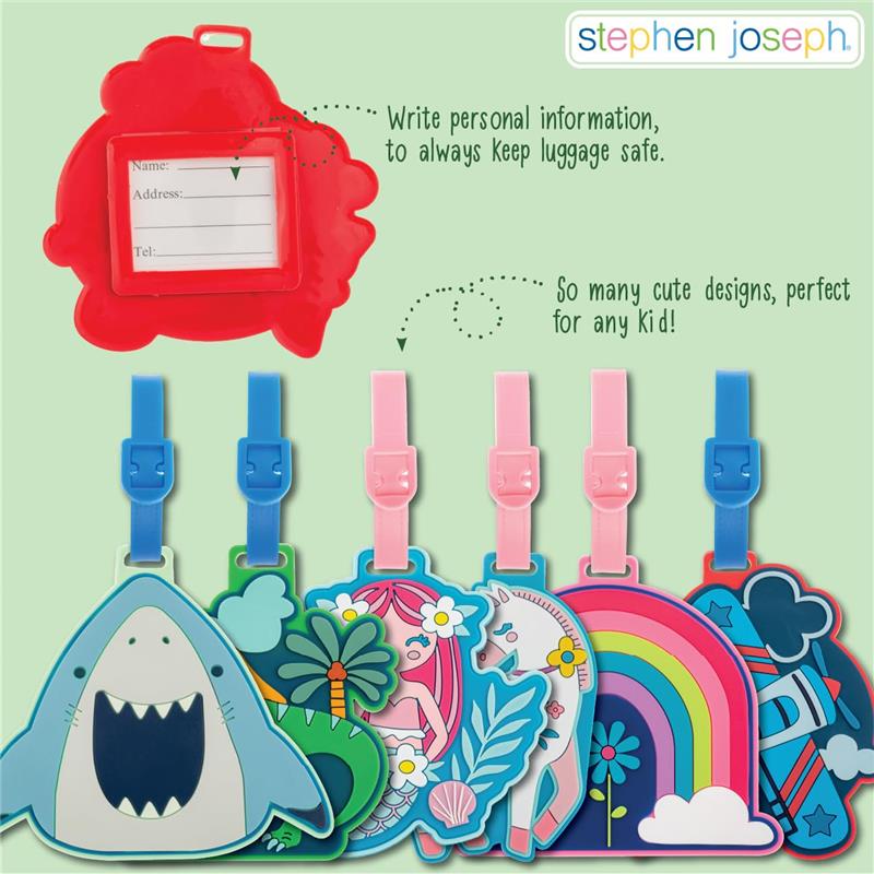 Colorful Stephen Joseph Luggage Tags in various designs including a dinosaur, shark, and unicorn, with an area to write personal info.