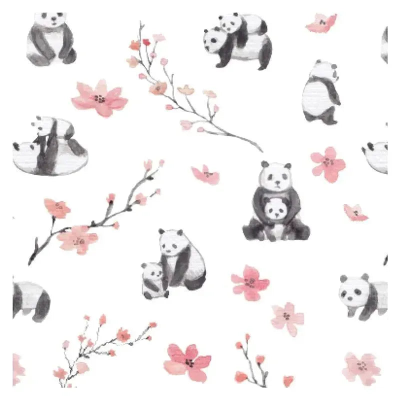 Muslin blanket featuring playful panda illustrations and pink floral accents on a white background.