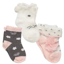 Three pairs of toddler socks featuring a bunny design, cloud patterns, and a decorative flower.