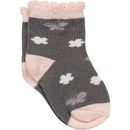 Gray socks featuring bunny and cloud patterns with a pink frilly cuff. Ideal for children.