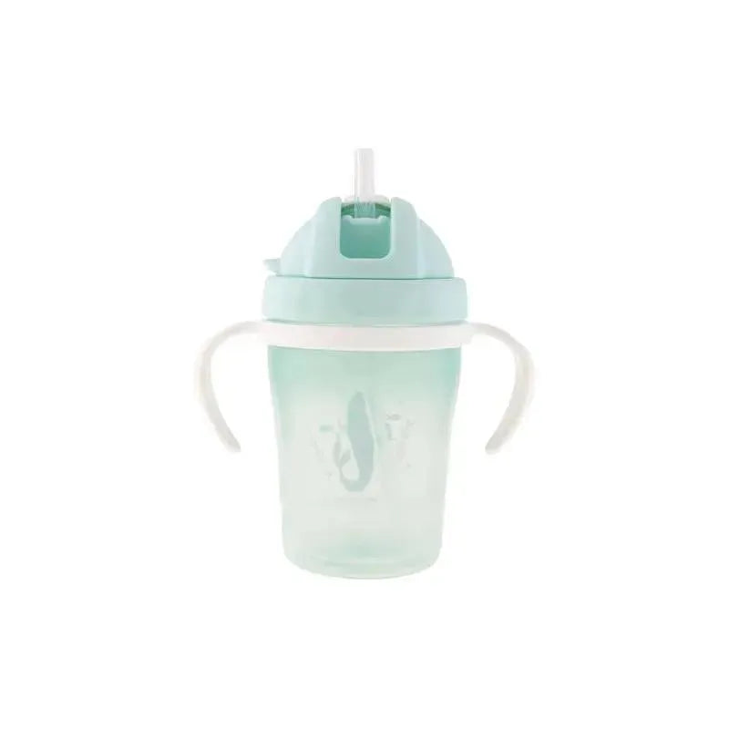 Straw cup with a mint green top and clear body, featuring handles. Designed for children, themed with a mermaid design.