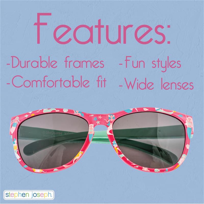 Colorful Stephen Joseph sunglasses featuring a pink frame with playful patterns, highlighting features like durable frames and wide lenses.
