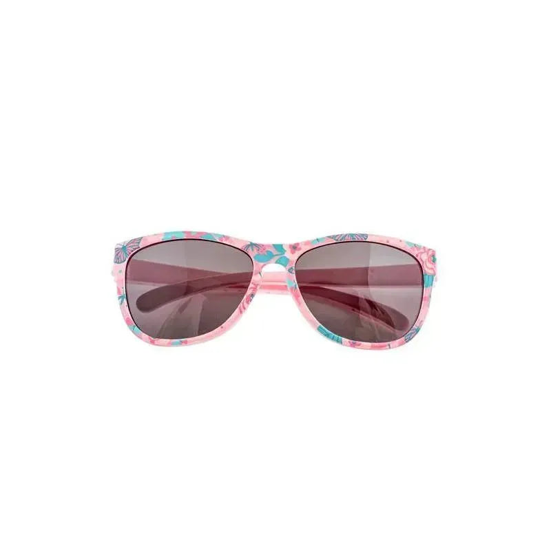 Sunglasses featuring a butterfly design, with a pink frame and tinted lenses, suitable for children.