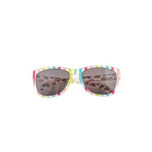 Sunglasses with a colorful striped frame and gray lenses, featuring a rainbow-patterned interior.