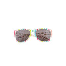 Sunglasses with a colorful striped frame and gray lenses, featuring a rainbow-patterned interior.
